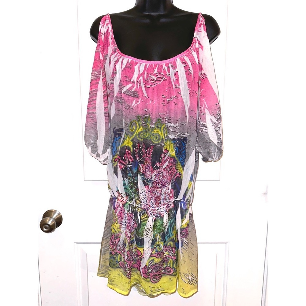 S-Twelve colorful tunic top with peek a boo sleeves